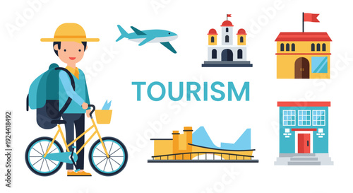 Traveler with bicycle, airplane, and various buildings representing tourism destinations