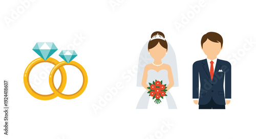 Wedding rings and bridal couple icons symbolizing marriage and commitment