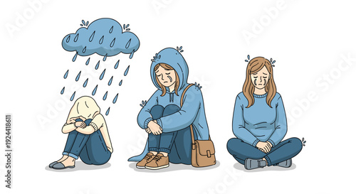 Three women crying and feeling sad under a rain cloud, symbolizing emotional distress