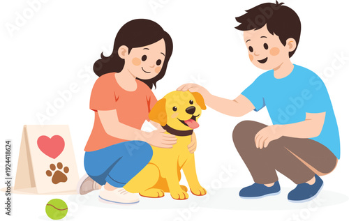 Young couple adopting a cute puppy from animal shelter, volunteering and pet rescue charity concept, isolated flat vector illustration