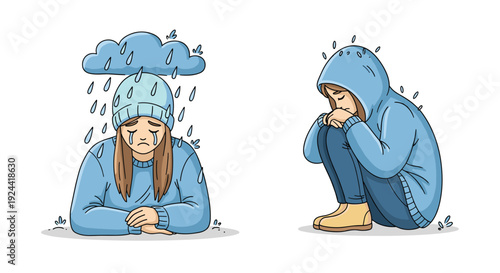 Two sad girls crying under rain clouds, symbolizing depression and loneliness