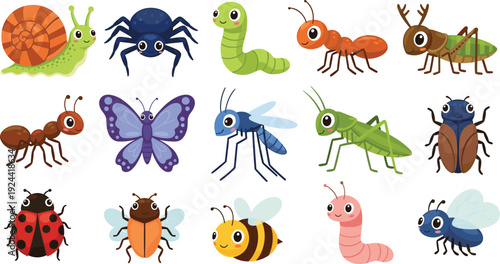 Cute cartoon insect collection with snail spider butterfly bee ant ladybug, colorful kids vector illustration set