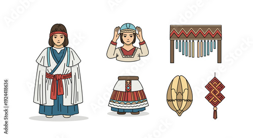 Traditional indigenous clothing and cultural artifacts illustrated in a flat design style