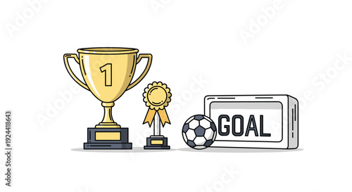 Golden trophy, medal, soccer ball, and goal sign representing sports achievement and victory