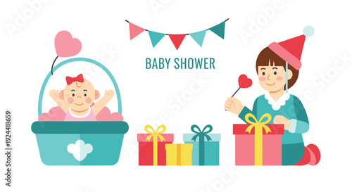 Cute baby shower illustration with gifts and festive decorations for a new arrival celebration