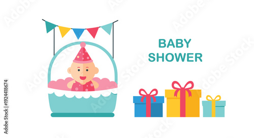 Cute baby in a basket with party hat and gifts, celebrating a baby shower event