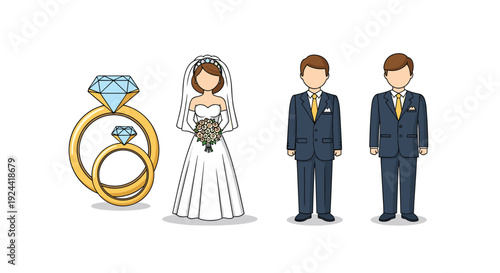 Wedding couple with rings and groomsmen, simple flat design illustration