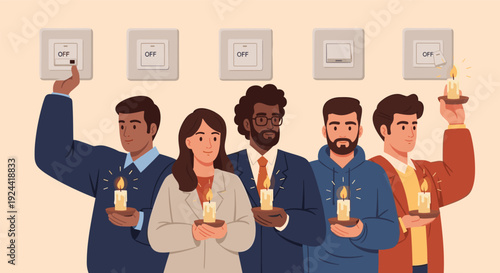 Diverse group of people holding candles with light switches turned off above them