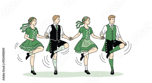 Traditional Irish dancers in green costumes performing a lively jig dance together