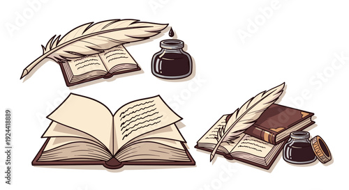 Vintage quill pens, inkwells, and open books illustration for writing and literature themes