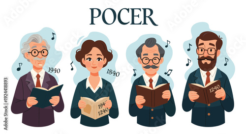 Diverse group of people singing from sheet music, representing different eras and voices