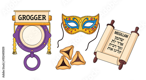 Purim holiday symbols: grogger, mask, hamantaschen, and megillah scroll