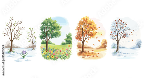 Four seasons in nature: winter, spring, autumn, and summer depicted with trees and landscapes