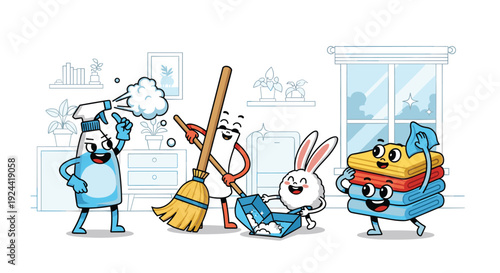 Cute cartoon characters cleaning and tidying up a room with a spray bottle, broom, and towels