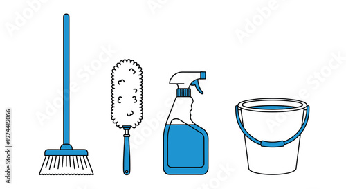 Set of cleaning supplies including a broom, duster, spray bottle, and bucket