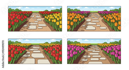 Colorful tulip fields with stone pathway leading through vibrant flower beds under blue sky