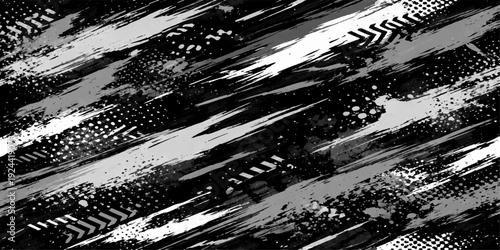 Vintage black and white abstract grunge background featuring a hand drawn ink splash texture with a rough paint brush border and dirty splatter elements for a grungy artistic wall design pattern