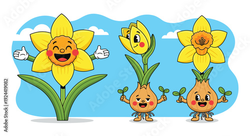 Cute cartoon daffodils and tulips with happy faces, celebrating spring's arrival