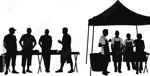 People at Outdoor Food Market Silhouette Vector with Vendors Serving Customers Under Canopy Tent at Street Fair Event Festival Illustration
