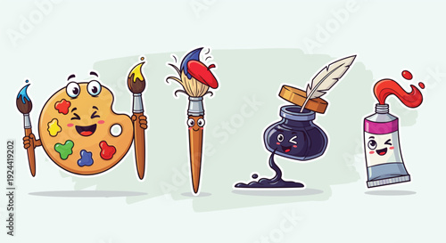 Cute cartoon art supplies with faces, smiling and winking for a fun creative vibe