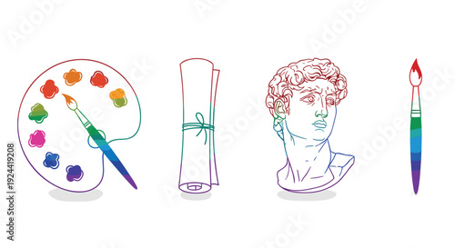 Artistic elements including a palette, scroll, David bust, and paintbrush in rainbow gradient