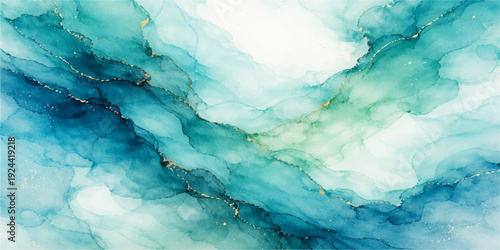 An abstract blue watercolor background features a light grunge texture and soft paper pattern reminiscent of a summer sky with clouds and serene ocean waves in a vintage nature landscape