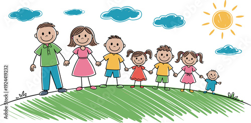 Happy family holding hands on green hill under sunny sky, cute childlike drawing illustration