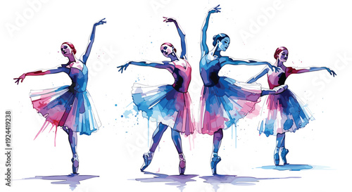Four ballerinas in watercolor style performing a graceful dance on a white background