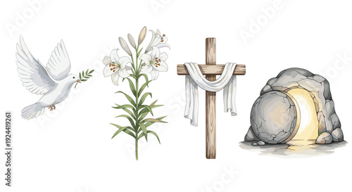 Easter symbols: dove with olive branch, lilies, cross with shroud, and empty tomb