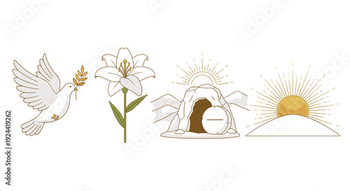 Easter symbols: dove with olive branch, lily flower, empty tomb, and sunrise