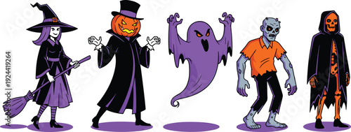Halloween character set with witch pumpkin ghost zombie skeleton, spooky cartoon horror vector illustration isolated on white background