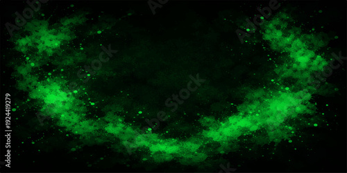 An abstract green space background features glowing particles and a shimmering nebula amidst a dark cosmic sky filled with stars and bright light