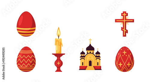 Traditional Easter symbols including decorated eggs, a lit candle, church, and cross