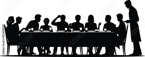 People Dining Silhouette Vector with Waiter Serving Food at Restaurant Table for Banquet Dinner Party Social Event on White Background