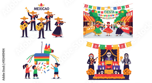 Vibrant Mexican cultural celebrations featuring mariachi, fiesta, pinata, and Day of the Dead altar
