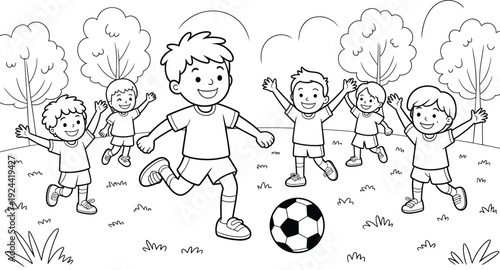 Happy kids playing soccer in park scene, black and white coloring page line art illustration