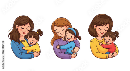 Three heartwarming illustrations of mothers embracing their happy daughters with love and joy