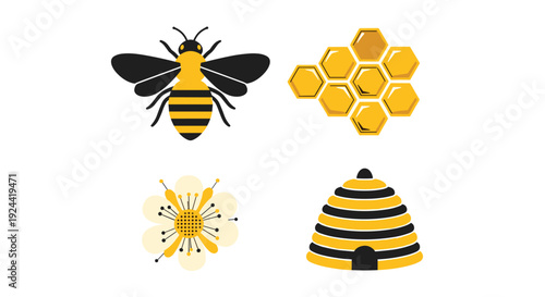 Set of stylized bee, honeycomb, flower, and beehive icons in yellow and black