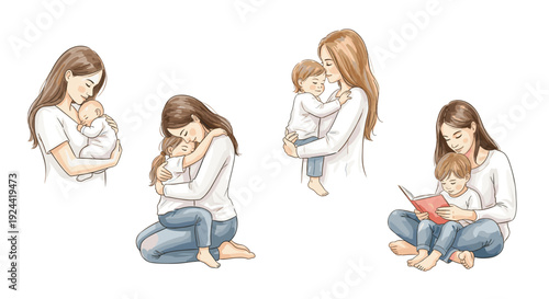 Mother's love and care shown through tender moments with her children in various stages of life
