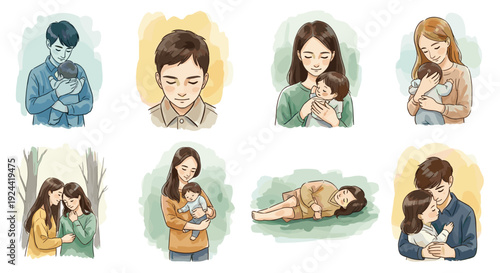 Watercolor illustrations depict tender moments of family love and care between parents and children