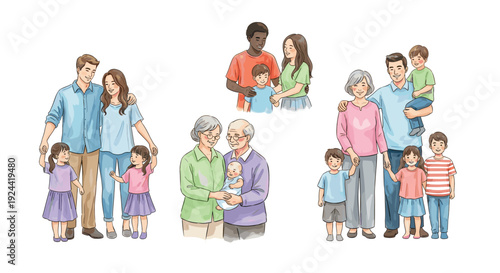 Diverse families and generations depicted in a charming watercolor illustration style