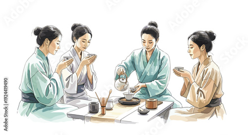 Four women in traditional Japanese kimonos enjoying a serene tea ceremony together