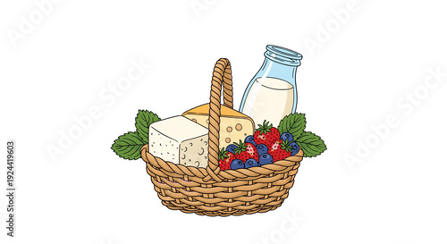 Woven basket filled with fresh cheese, berries, and a bottle of milk, adorned with mint leaves