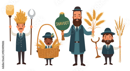 Happy Shavuot celebration with people holding wheat and harvest symbols