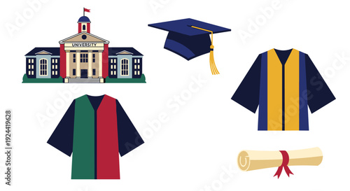 Vector set of university building, graduation cap, academic gowns and diploma icons