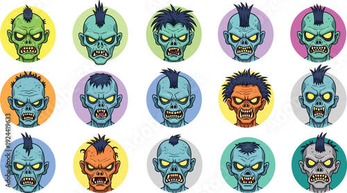 Set of zombie head avatars with glowing eyes and mohawk hairstyles, creepy horror undead vector icons collection