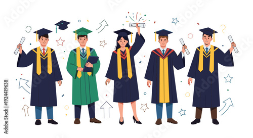 Diverse group of graduates celebrating their academic achievements with diplomas and caps