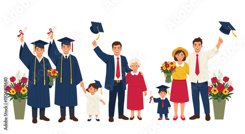 Diverse families celebrate graduation day with proud smiles and diplomas in hand