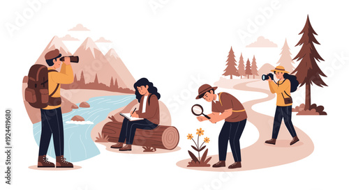 Nature explorers observe wildlife and plants in a scenic mountain landscape