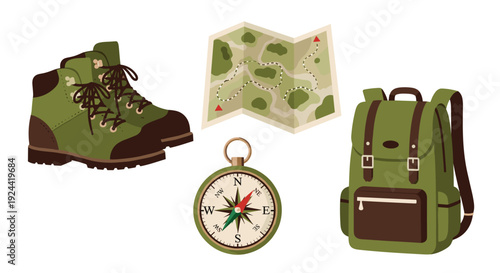 Essential hiking gear including boots, backpack, compass, and map for outdoor adventure